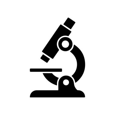 Beyaz arkaplandaki bir mikroskobun siyah silueti bir bilim ve laboratuvar aracını temsil ediyor. Basit, vektör biçimi ve simge kullanımı için uygundur.