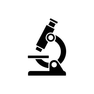 Lens ve sahne ile siyah mikroskop temiz beyaz arka planda izole edilmiş. Küçük nesneleri, vektör biçimini büyütmek için bilimsel araçlar çizer.
