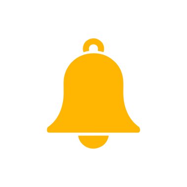 Beyaz arkaplanda sarı uyarı çanı simgesi, vektör sembolü. Dijital arayüz ve uygulamalardaki uyarıları, alarmları veya güncellemeleri temsil eder.