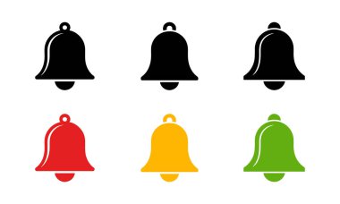 Beyaz zemin üzerinde siyah, kırmızı, sarı ve yeşil renklerle izole edilmiş altı farklı uyarı çanı simgesi, basit, düz stil, vektör grafik. 165 karakter.