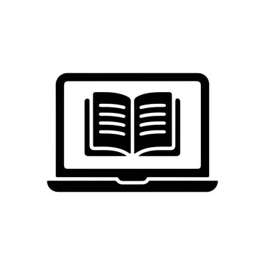Açık bir kitap simgesini gösteren siyah dizüstü bilgisayar, çevrimiçi öğrenmeyi veya dijital eğitimi temsil ediyor, beyaz bir arkaplanda izole edilmiş. Eğitici kavramlar için ideal.