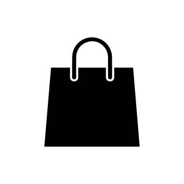Siyah alışveriş çantası simgesi, beyaz zemin üzerinde basit tasarım, perakende, iş ve stili minimalist biçimde tasvir eden ticaret için vektör illüstrasyonu.