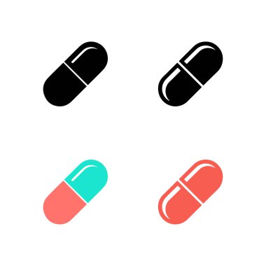 Beyaz arka planda siyah, kırmızı ve deniz mavisi renkli hap ikonlarının yer aldığı kapsüller. Tıbbi, sağlık veya ilaç konsepti için minimalist tasarım.