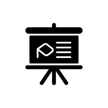 İş belgelerine sahip siyah sunum tahtası simgesi vektörü ve web tasarımı veya mobil uygulama kullanımı için beyaz arkaplan üzerine açılmış bir zarf, iletişimi temsil ediyor.