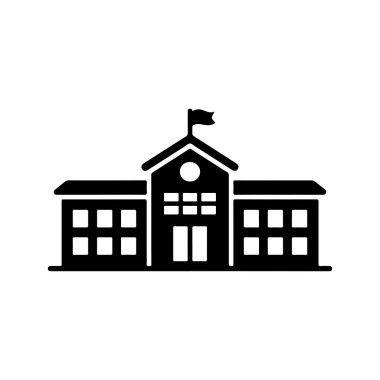 Çatıda bayrak olan bir okul binasının siyah silueti, basit bir beyaz arka planda gösteriliyor. Basit, vektör biçimi simgesi.