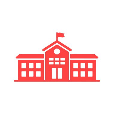 Kırmızı okul binası ikonu, bayrak, pencere ve beyaz arka plan tasarımı. Yaratıcı ve eğitici içerik illüstrasyonu için basit okul tasarımı.