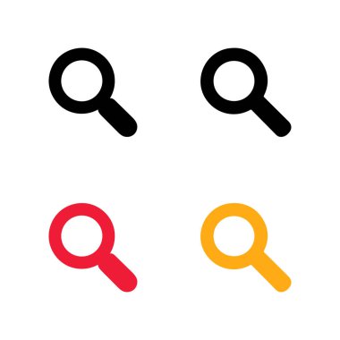 Arama ve keşfi, vektör illüstrasyonunu, izole edilmiş tasarımı sembolize eden beyaz zemin üzerinde siyah, kırmızı ve sarı renkli dört büyüteç sunulmaktadır..