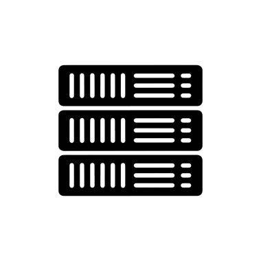 Görünür ön panelleri ve ayrıntılı göstergeleri olan üç dizili sunucu simgesini gösteren siyah sunucu rafı simgesi, temiz beyaz arkaplan resmi üzerinde sunulmuştur.