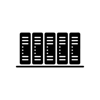 Birden fazla bilgisayar sunucusunun siyah siluetini gösteren sunucu simgesi. Bu sunucu simgesi açık ve kısa kullanım için beyaz bir arkaplanda görüntülenir.