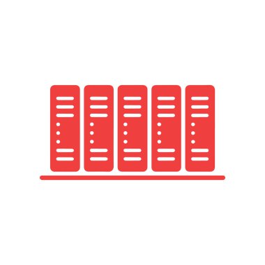 Veri depolama ve ağ altyapısını betimleyen beyaz arkaplandaki kırmızı sunucu rafı simgesi, web siteleri, uygulamalar, sunumlar ve belgeler için kullanışlı.