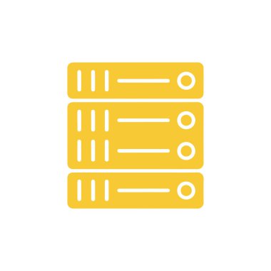 Her biri kendine has göstergelere sahip üç katmanlı basit, cesur bir altın veritabanı sunucusunun tasviri, sunumlar için ideal, temiz beyaz bir arkaplan üzerine kuruludur..