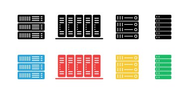 Sunucu vektör simgeleri ayarlandı, veri merkezi ana bilgisayarlarını siyah, kırmızı, mavi, yeşil, sarı olarak temiz bir vektör arkaplanında düzenlenmiş olarak sunar.