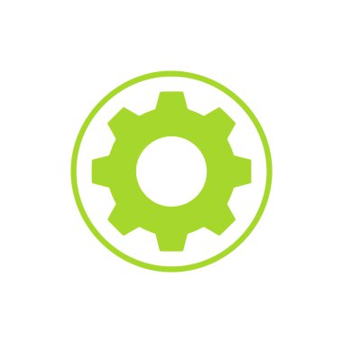 Beyaz arkaplanda izole edilmiş daire içindeki yeşil dişli, basit bir simgeye sahip vektör illüstrasyon nesnesi, grafik tasarımı ve kullanıcı arayüzleri için mükemmel.