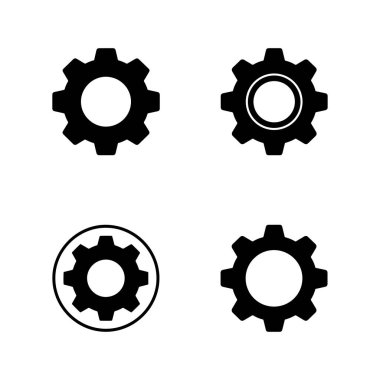 Dört dişli simgesi beyaz arka planda çeşitli çark tasarımlarını gösteriyor. Her simge farklı bir yapılandırma ve görünüm içerir.