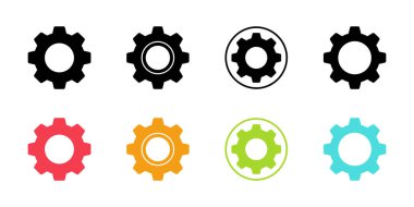 Beyaz arka planda renkli dişli dişli çark simgeleri. Siyah, kırmızı, turuncu, yeşil ve mavi renkli vites şekilli mekanizma vektör çizimi.