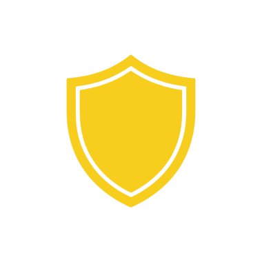 Uygulamalar, web siteleri ve grafik tasarım projeleri için güvenlik, koruma, güvenlik ve savunma kavramını temsil eden beyaz arkaplan üzerindeki altın kalkan simgesi.