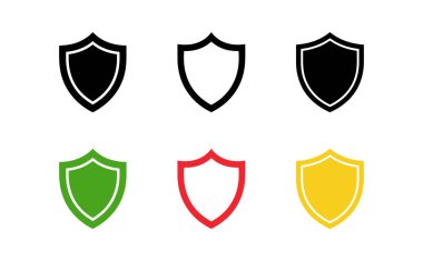 Çeşitli tarz ve renklerde altı kalkan simgesi beyaz bir arkaplanda izole edilir ve çeşitli tasarım ihtiyaçları için siyah, yeşil, kırmızı ve sarı güvenlik sembolleri sergilenir..