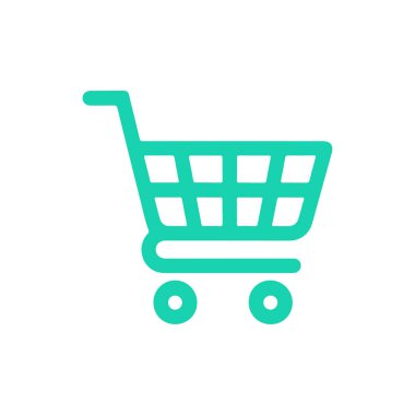 İzole edilmiş minimal Cyan alışveriş arabası ikonu. Temiz, geometrik bir tasarımı var. Belirgin bir şekilde beyaz arka planda sergileniyor..