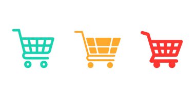 Üç alışveriş arabası simgesi, renkli mavi, turuncu ve kırmızı, bu vektör grafik illüstrasyonunda beyaz bir arkaplanda sıralanmıştır..