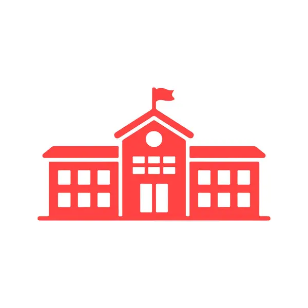 Kırmızı okul binası ikonu, bayrak, pencere ve beyaz arka plan tasarımı. Yaratıcı ve eğitici içerik illüstrasyonu için basit okul tasarımı.