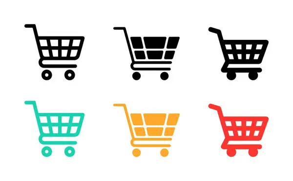Ticareti ve perakendeciyi betimleyen, web tasarımı veya ilgili görsel içerik oluşturmada kullanmak için mükemmel beyaz bir arkaplan üzerinde renkli alışveriş arabası simgeleri düzenlendi.