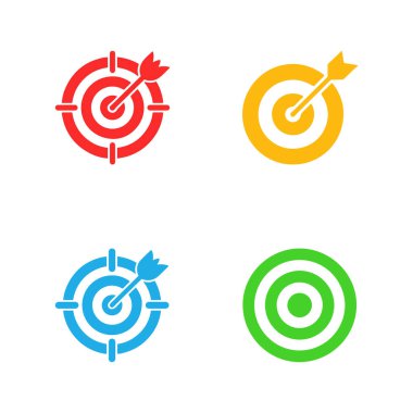 Beyaz arkaplanda ok bulunan renkli hedef, belirli bir hedefe ulaşmayı hedefliyor, iş başarısı için hedef simge, vektör illüstrasyonu.