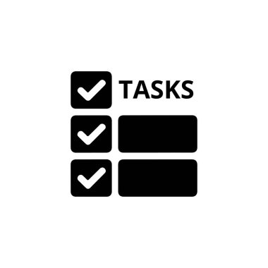Yapılacaklar listesini temsil eden işaretleri ve satırları içeren siyah görevler sembolü, temiz beyaz bir arkaplan, kavramsal tasarım.