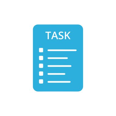 Beyaz bir arkaplanda gösterilen mavi görev listesi simgesi, TASK sözcüğünün yer aldığı ve organize çalışmayı sembolize eden işaretli kutular. 157 karakter.