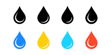 Siyah, mavi, sarı ve kırmızı renklerde, temiz beyaz arkaplanda izole edilmiş sekiz adet su damlası simgesini gösteren grafiksel çizimler.