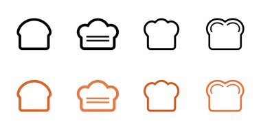 Özetlenmiş minimalist ekmek dilimleri ve şef şapkaları simgeleri, çeşitli çizgi tasarımlarını beyaz bir arka plana karşı siyah ve turuncu olarak sergiliyor, tema pişirmek için ideal..