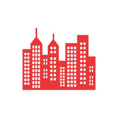 Vektör çizimleri, basitleştirilmiş kırmızı bina siluetini gösteriyor. Bu ufuk çizgisi, modern kent mimarisini vurgulayan beyaz bir arkaplan karşısında pencere ve çatılara sahiptir..
