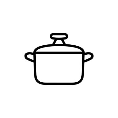 Basit bir pişirme kabı vektörü, kapağı ve iki sapı olan cesur bir tencere taslağı içeriyor, temiz beyaz bir zemin üzerinde izole edilmiş, mutfak veya mutfak temaları için uygun..