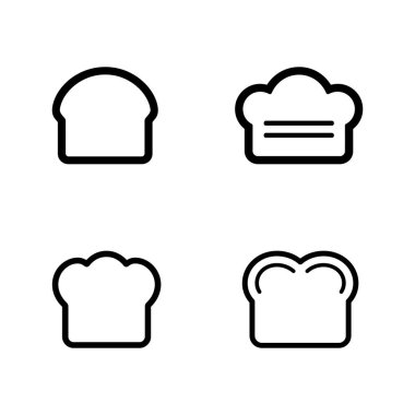 Bu minimalist siyah-beyaz tasarım, ekmek şekilleri ve yemek pişirme şapkası tasvir eden dört taslak simge içerir, mutfak teması, menü simgeleri veya fırın varlıkları için mükemmeldir..