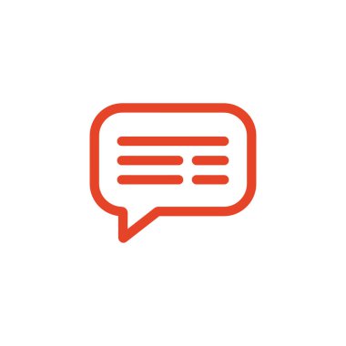 Beyaz bir arkaplanda izole edilmiş turuncu konuşma balonu simgesi, modern bir teknoloji arayüzü içindeki iletişimi işaret eden birkaç satır yazılı metni barındırıyor..