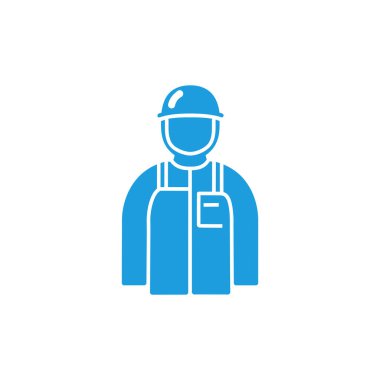 Basit bir mavi figür, inşaat sektöründeki meslekleri veya güvenliği simgeleyen güvenlik kaskı ve tulum giyen bir işçiyi gösteriyor. Beyaz arkaplan.
