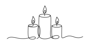 Yanıp sönen alevleri olan üç mum, minimalist bir tarzda, temiz beyaz arkaplana karşı tek bir siyah çizgi çizerek oluşturuldu..