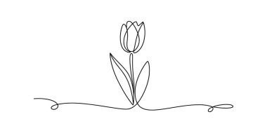 Beyaz arka planda sapı olan siyah bir lale çiçeği çizimi dekorasyon ve tasarım için minimalist çiçek çizgisi oluşturur..