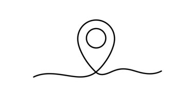 Bir yol üzerindeki lokasyon iğnesinin tek çizgi çizimi. Basit ve temiz tasarım ögesi beyaz arkaplanda izole edildi. Konumu, yönü ve istikameti gösterir.