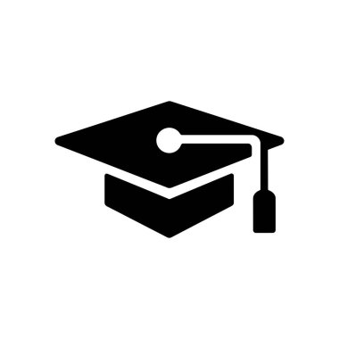 Beyaz arka planda siyah mezuniyet başlığı simgesi akademik başarıyı, eğitim başarısını ve minimalist bir tasarım ile mezuniyet törenini simgeliyor..