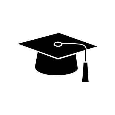 Mezuniyet şapkasının siyah silueti. Beyaz arka planda püsküllü. Akademik başarı, yüksek öğrenim, diploma ve akademik başarıları temsil eder..