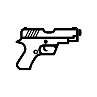 Beyaz arkaplandaki siyah tabanca ikonu ateşli silah taslağı sergiliyor, grafik tasarım projeleri veya güvenlikle ilgili uygulamalar için ideal. Tasarım temiz ve modern..