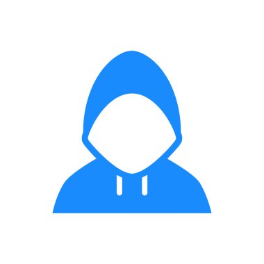 İsimsiz bir kullanıcıyı veya dijital platformlarda kullanıcı arayüzü ögesini temsil etmek için kullanışlı beyaz arkaplan üzerinde mavi kapüşonlu kişi vektör çizimi.