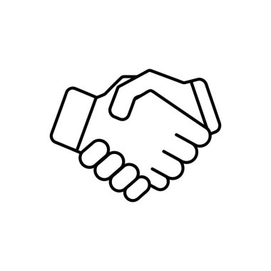 Beyaz arka planda siyah çizgileri olan el sıkışma sembolü, basit ve temiz bir tasarım ile yapılan iş anlaşmasına, ortaklığa ve güvene işaret ediyor.