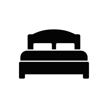Siyah yatak ikonu vektör illüstrasyonu basit, minimalist tarzda. Mobilyaları, uykuyu, iç tasarımı temsil ediyor. Uygulamalar, web siteleri ya da baskı tasarımları için kullan. Beyaz arkaplan.