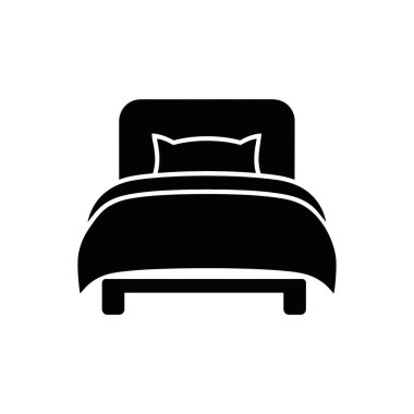 Beyaz arka planda siyah yatak ikonu. Yastık ve yorgan sergiliyor. Bu basit simge uyku, dinlenme veya mobilyaları tasarım olarak temsil etmek için çok yönlüdür.