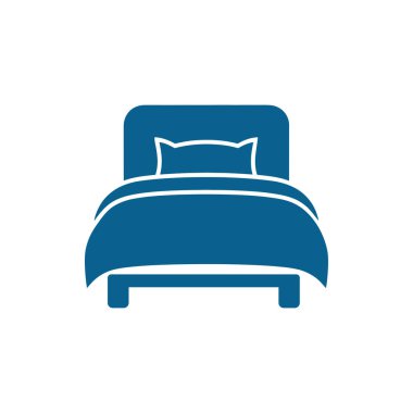 Beyaz arka planda, yastıklı ve battaniyeli bu mavi yatak ikonu dinlenmek ve rahatlamak için mobilyaların basit bir temsilini sunar..