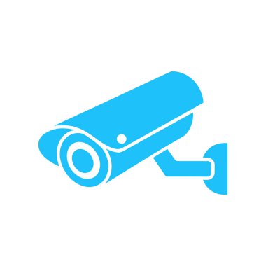 İzole edilmiş mavi güvenlik kamerası ikonu beyaz arka planda basit bir güvenlik kamerası tasvir ediyor. Simge, beyaz bir arkaplanda güvenlik, güvenlik ve izlemeyi temsil ediyor.