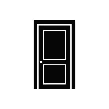 Beyaz arka planda düğmesi olan kapalı bir kapı simgesinin siyah ve beyaz minimalist vektör çizimi, mimari veya iç tasarım kullanımı için mükemmel.