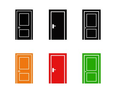 Beyaz arka planda siyah, turuncu, kırmızı ve yeşil renkte altı renkli kapı simgesi sergileniyor. Basit, minimalist kapı tasarımlarını vurguluyorlar..