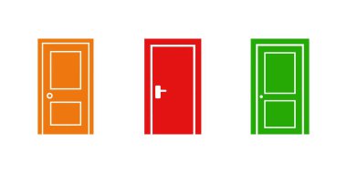 Beyaz arkaplan üzerinde izole edilmiş turuncu, kırmızı ve yeşil kapı vektör simgeleri çeşitli saplı ve panel tasarımlı farklı kapı biçimlerini tasvir eder.